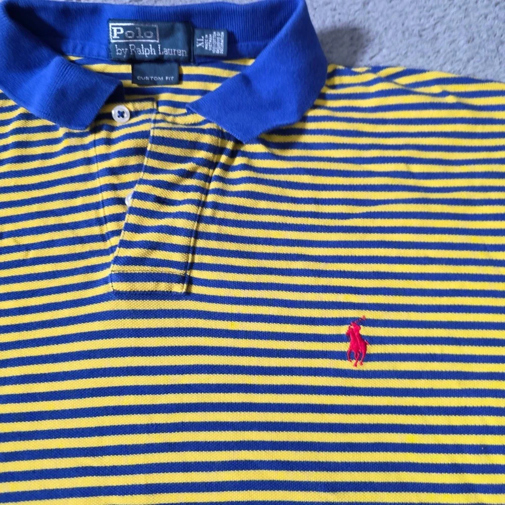 Polo Ralph Lauren Mens XL Polo Shirt Yellow Blue Striped Custom Fit Red Pony